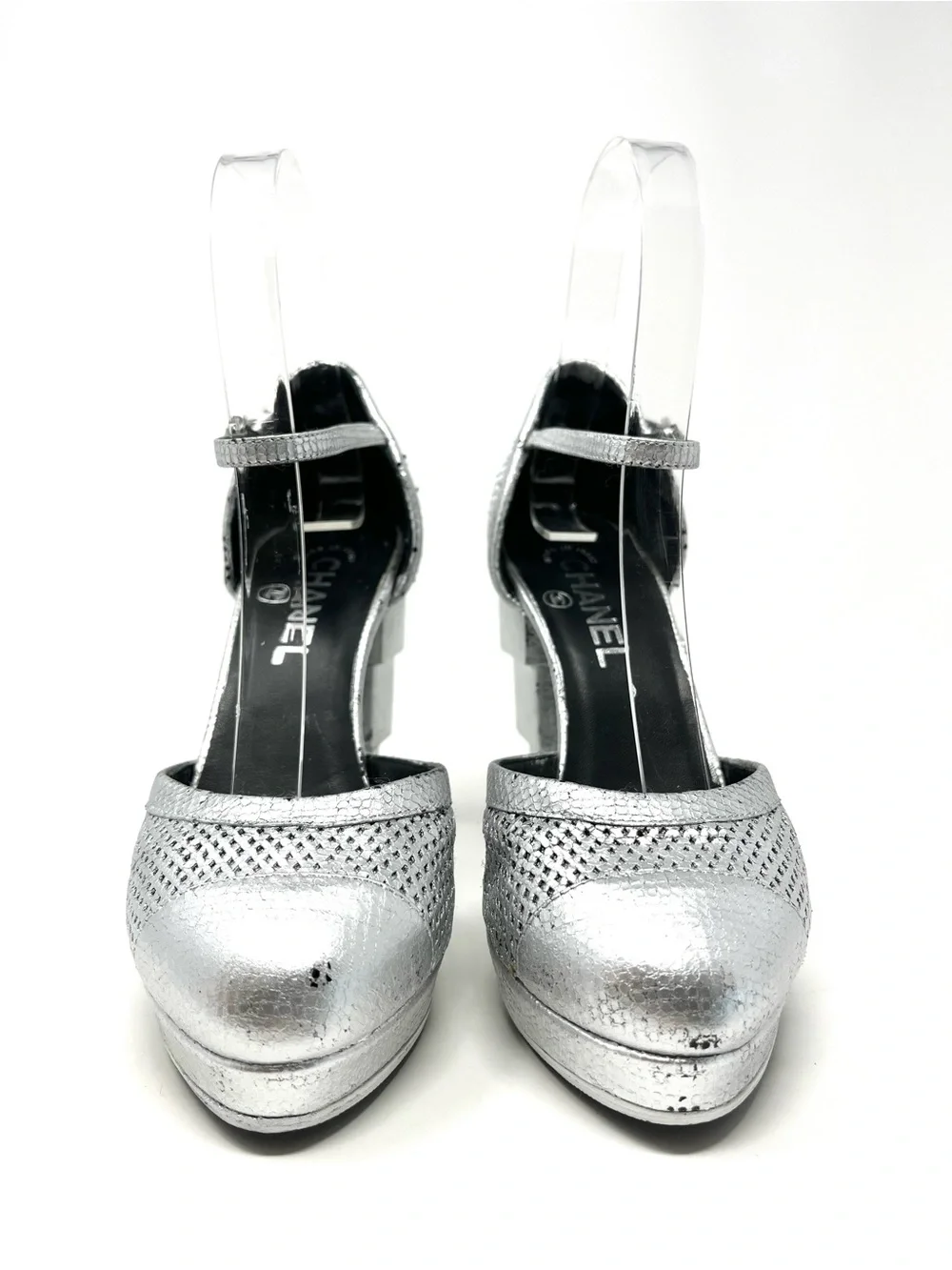 Vintage Chanel Silver Leather CC Logo Cap Toe Platform High Heels Pumps 36.5